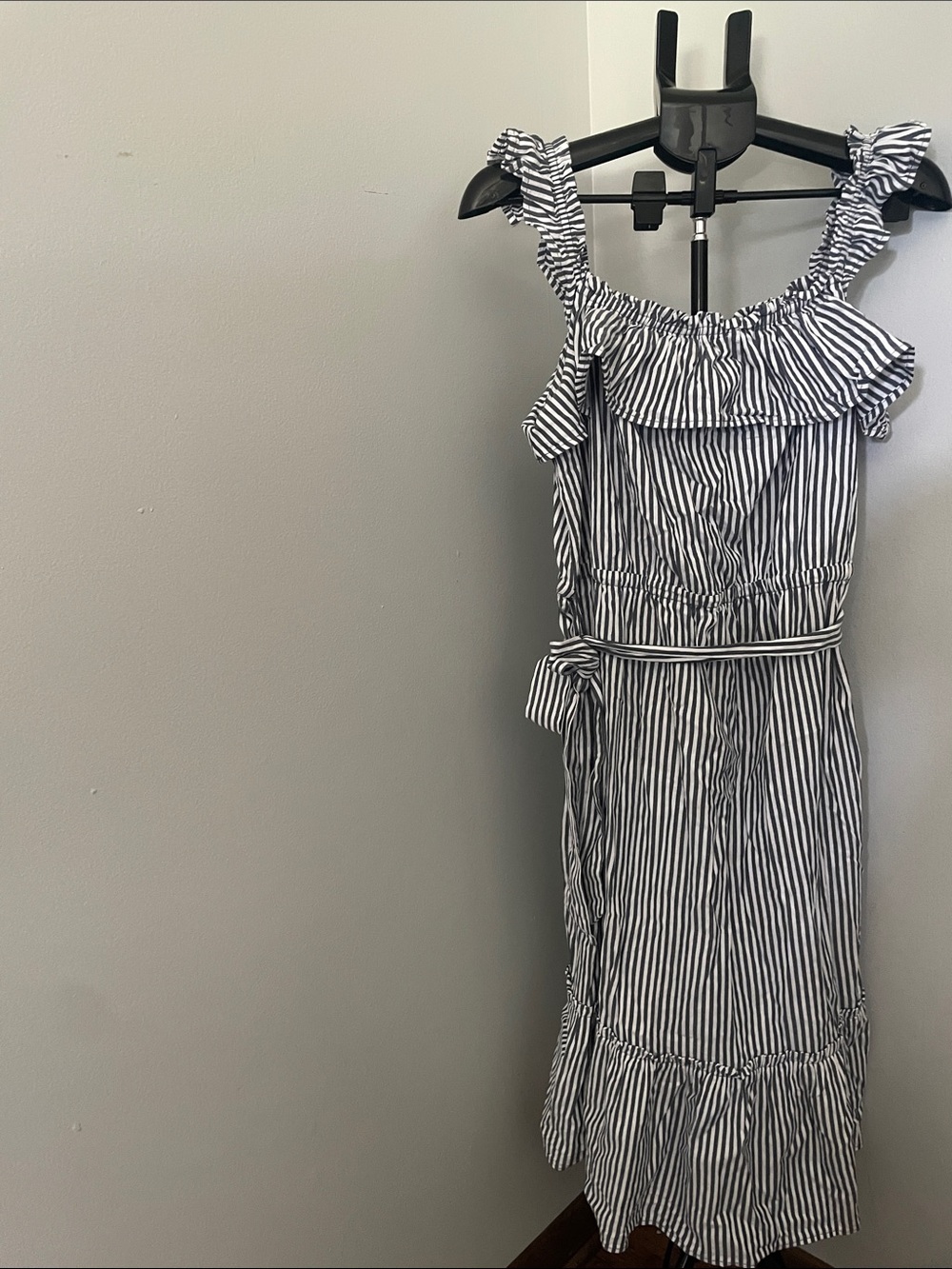 Michael Kors Dark Grey and White Striped Midi Dress